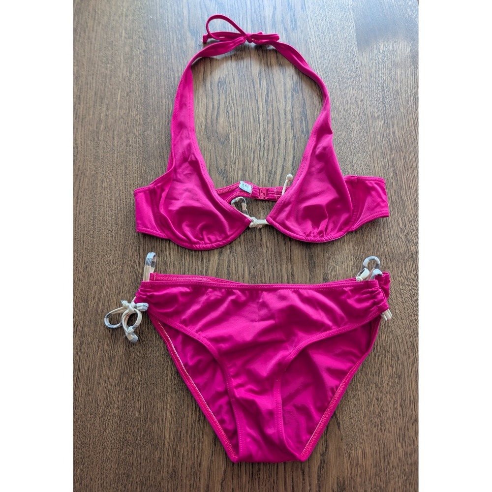 Vintage Burberry London Hot Pink Bikini Set L Y2K Nova Check Ties Made in Italy
